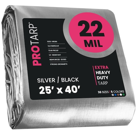 Protarp Heavy Duty Tarp, 25 ft x 40 ft, 22 Mil, Silver/Black, Polyethylene, Waterproof, Rip and Tear Proof PT-201-25X40